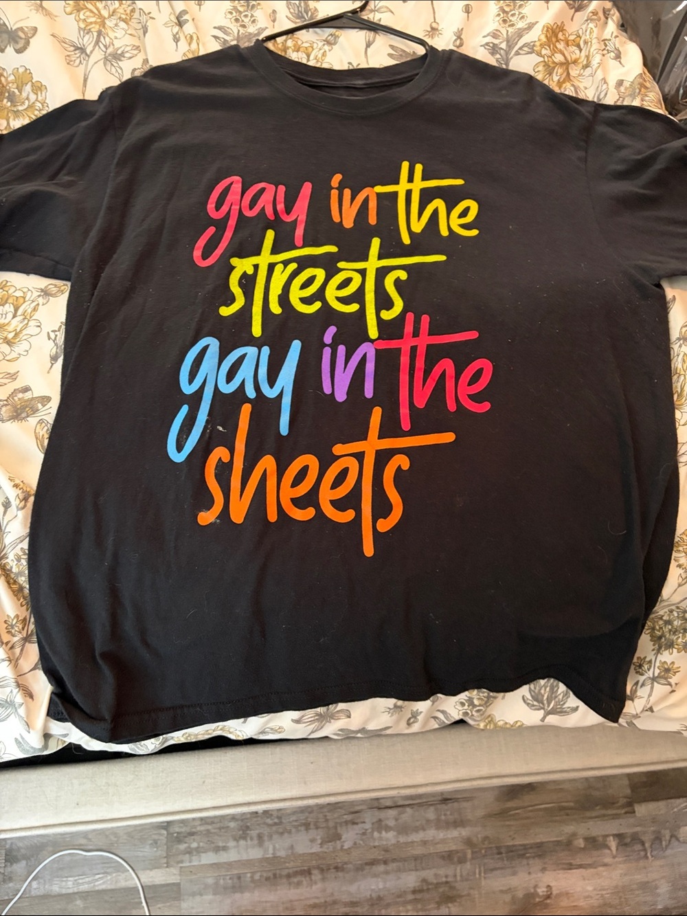 Seven7 Black Tee with Rainbow Script Graphic